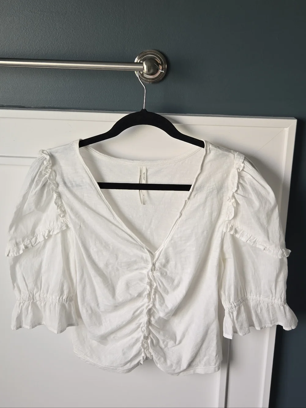 Anthropologie White Ruched V-Neck Puff Sleeve Blouse